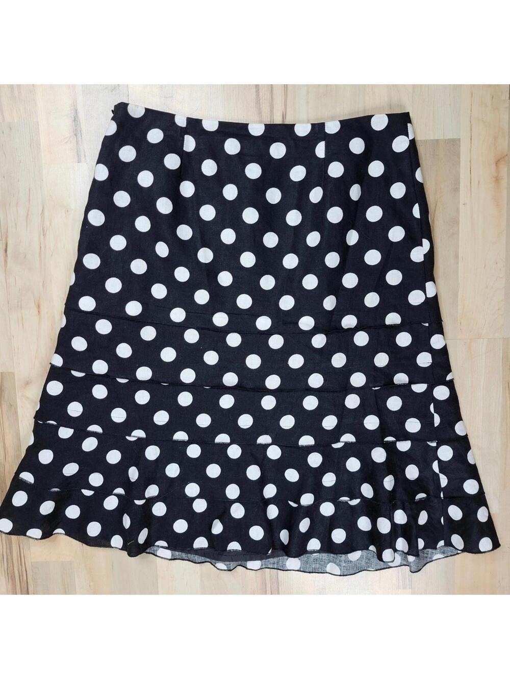Transitions Black White Polka Dot Linen Skirt Size 10 Tiered Ruffle Hem